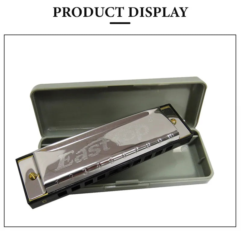 Display of a 10-hole diatonic harmonica in C with stainless steel covers inside its case.