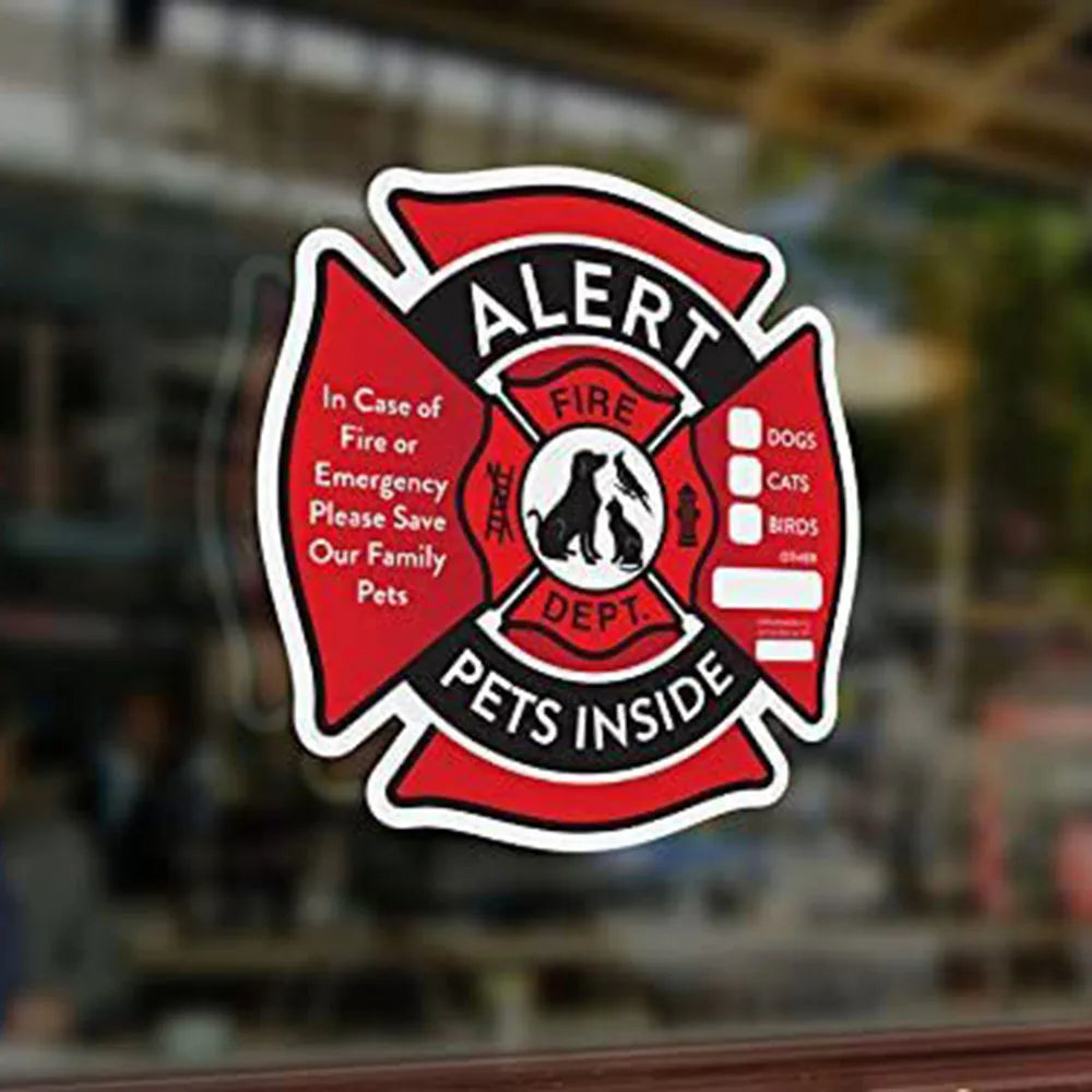 A red and black window decal featuring an alert sign for pets inside in case of fire or emergency.