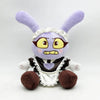 A purple plush doll resembling a rabbit with yellow eyes and a white frill collar.