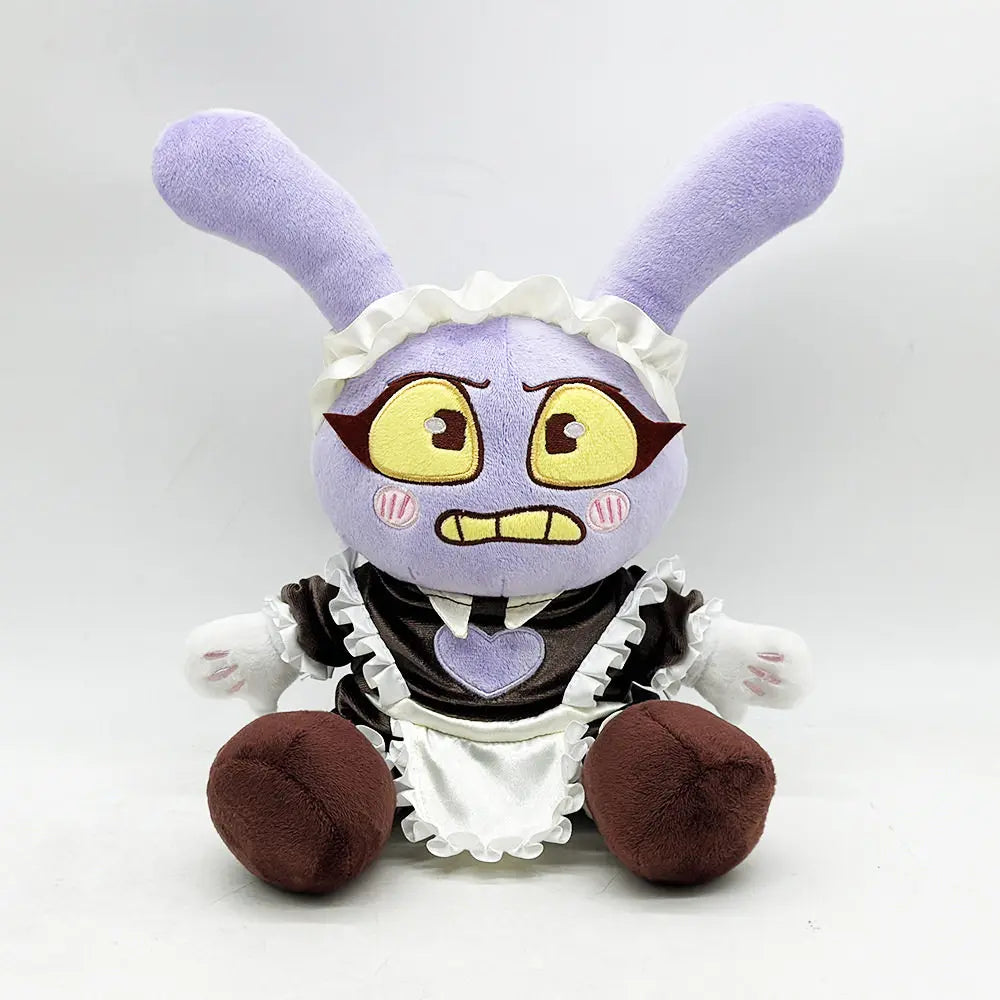 A purple plush doll resembling a rabbit with yellow eyes and a white frill collar.