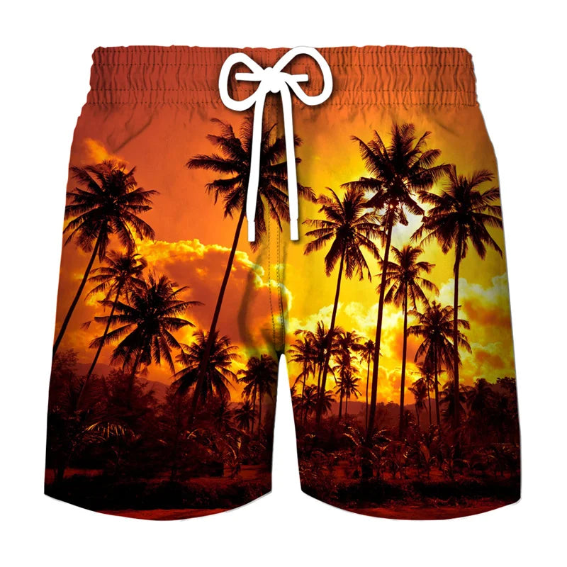 Men's beach swim shorts with a tropical coconut tree print against an orange sunset background