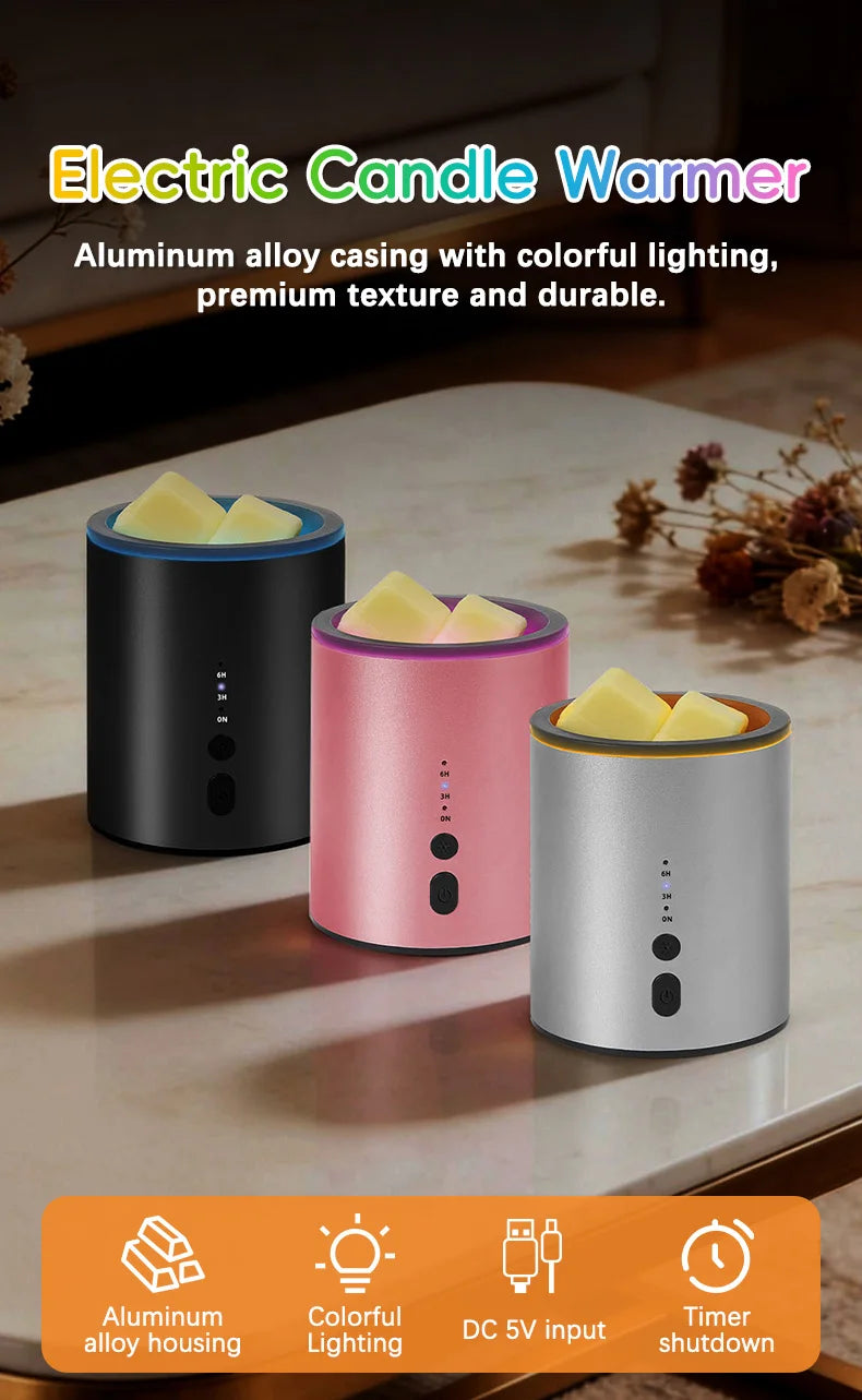 Three electric candle warmers in black, pink, and silver aluminum alloy casings with colorful lighting.