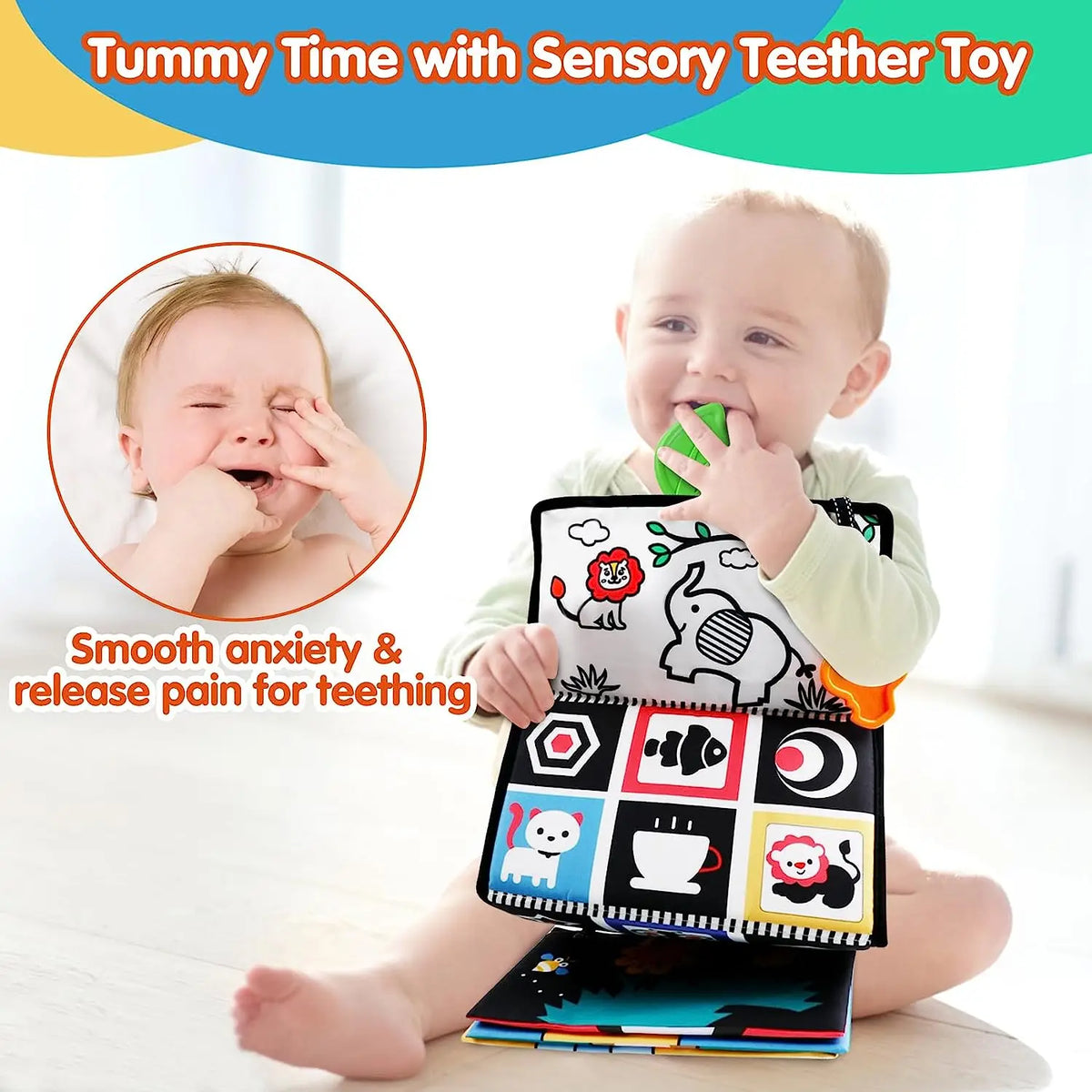 High-Contrast Tummy Time Baby Mirror with Crinkle Cloth Book and Teether