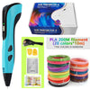 A blue 3D printing pen with a black battery and various colored PLA filaments are shown.