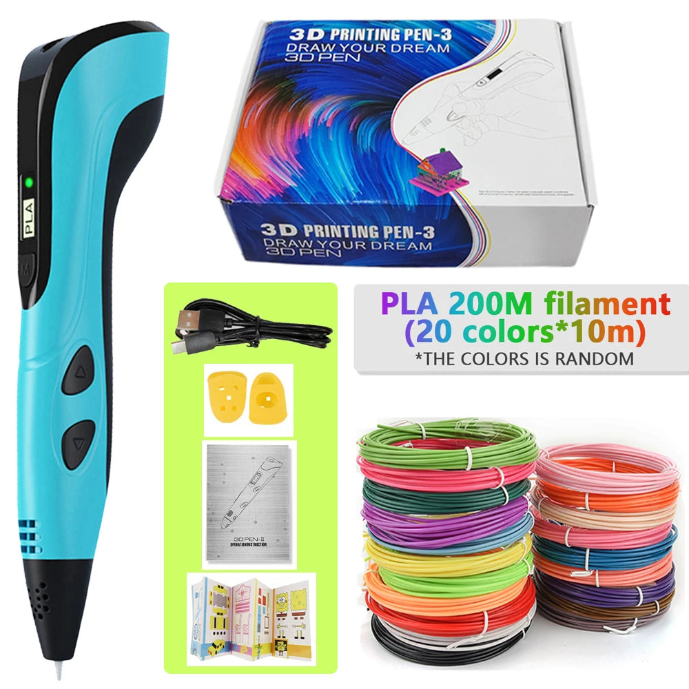 A blue 3D printing pen with a black battery and various colored PLA filaments are shown.