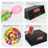 A set of game components showing an inflated balloon, a game box, and a spinning game board.