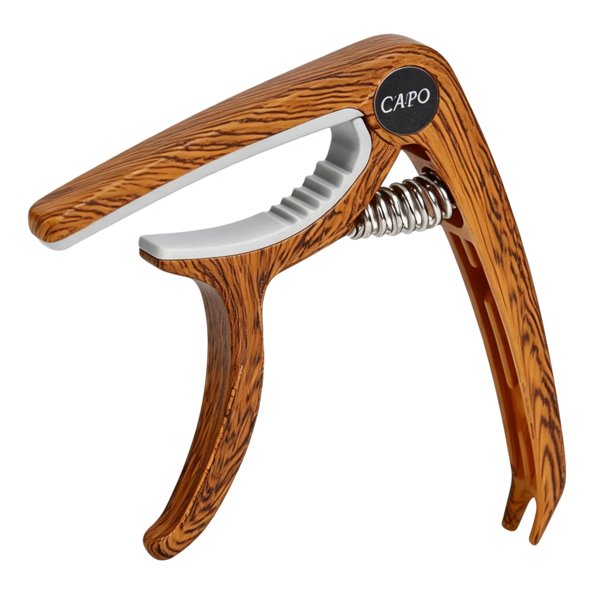 A wooden universal guitar capo with a silver clamp and a black CAPO logo.