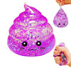 A purple glitter squishy toy shaped like a poop emoji, with a hand holding a smaller version.