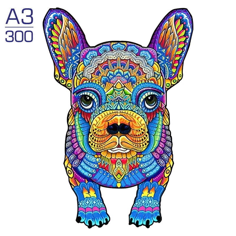 A vibrant, colorful illustration of a puppy dog face designed for a jigsaw puzzle.