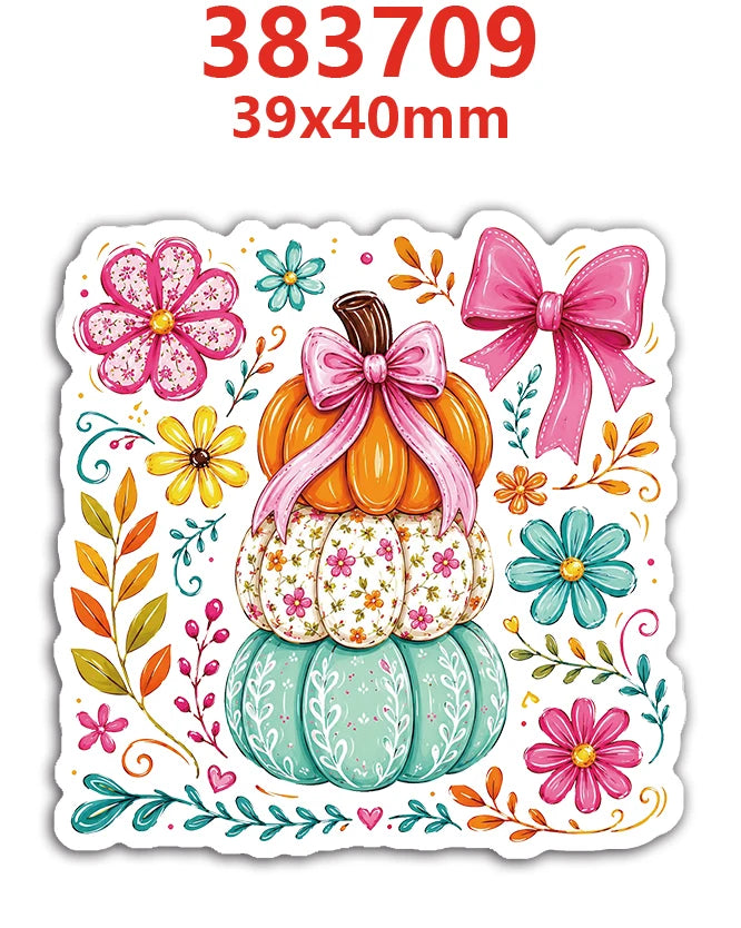 A set of ten decorative autumn pumpkins in various colors and pink ribbons for DIY crafts.