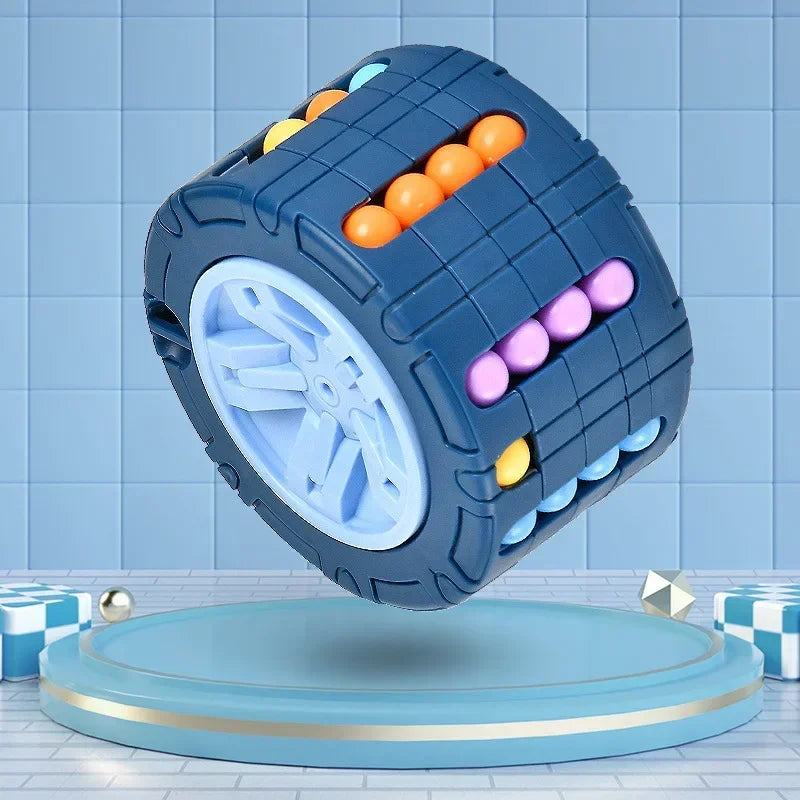 A blue 3D rotating slide puzzle cube filled with colorful balls, displayed on a light blue circular platform.