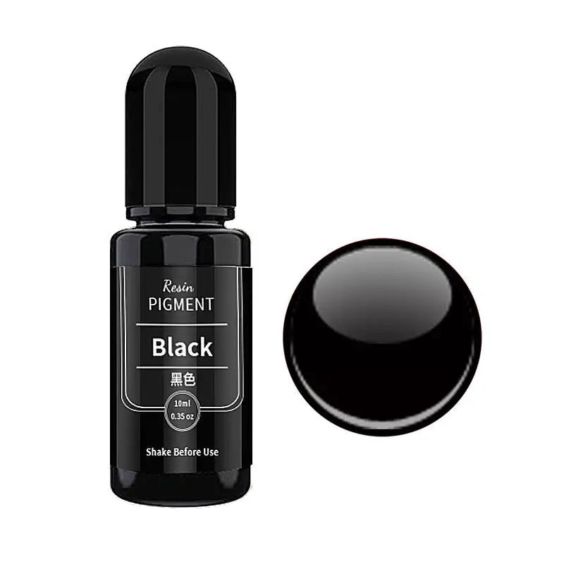 A black glass bottle of Resin Pigment labeled Black with a round black pigment sitting next to it.