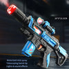 A blue and black toy gun with a motorized mist spray barrel and LED lights firing, shown in a close-up view.