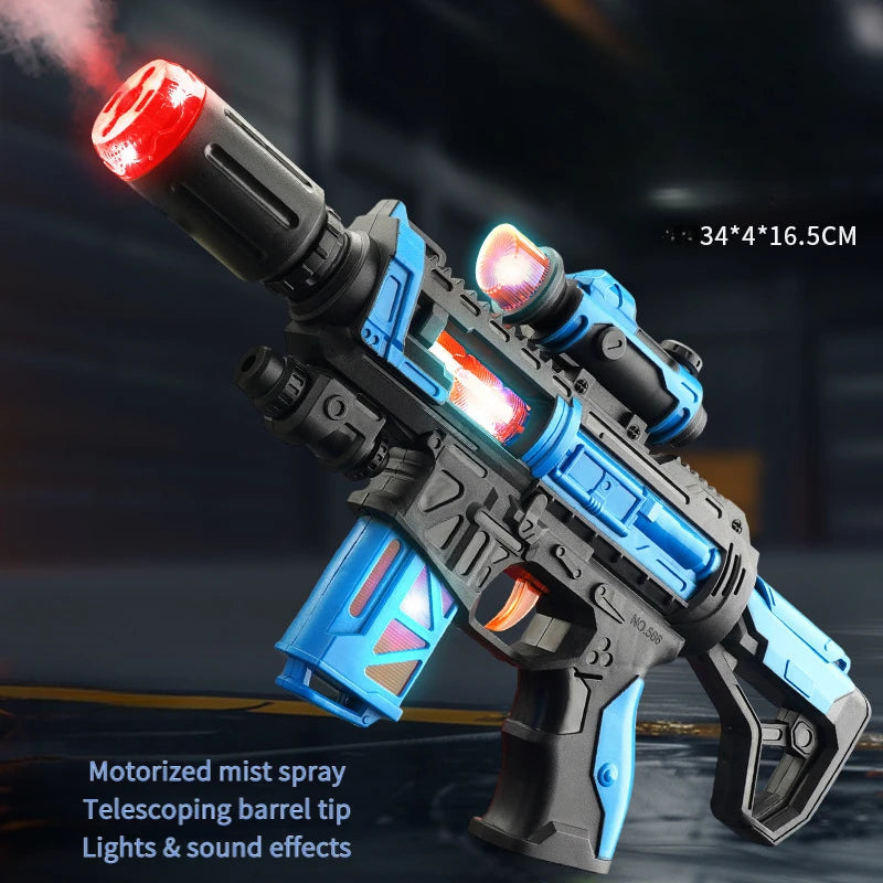 A blue and black toy gun with a motorized mist spray barrel and LED lights firing, shown in a close-up view.