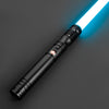 A black lightsaber with a bright blue blade is shown diagonally against a dark gray background.