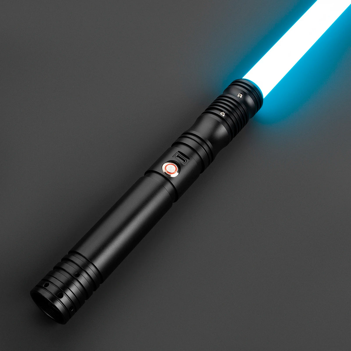 A black lightsaber with a bright blue blade is shown diagonally against a dark gray background.