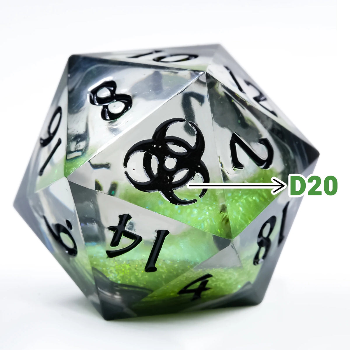 A translucent green 20-sided die D20 with black numbers visible, set against a white background.