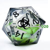 A translucent green 20-sided die (d20) with black numbers and symbols, resting on a white surface.