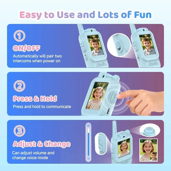Instructions for a kids' dual-function video walkie talkies set showing on/off, press and hold communication, and adjust/chan