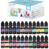 Collection de colorants pour bougies liquides dans diverses couleurs : violet, gris foncé, marron, indigo, bleu, orange et ve