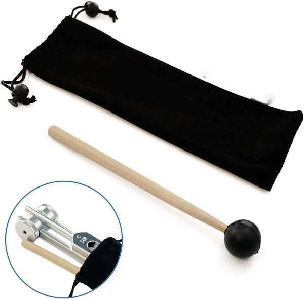 Schwarze bio-akustische Stimmgabel mit Holzgriff und Nahaufnahme des Kopfes