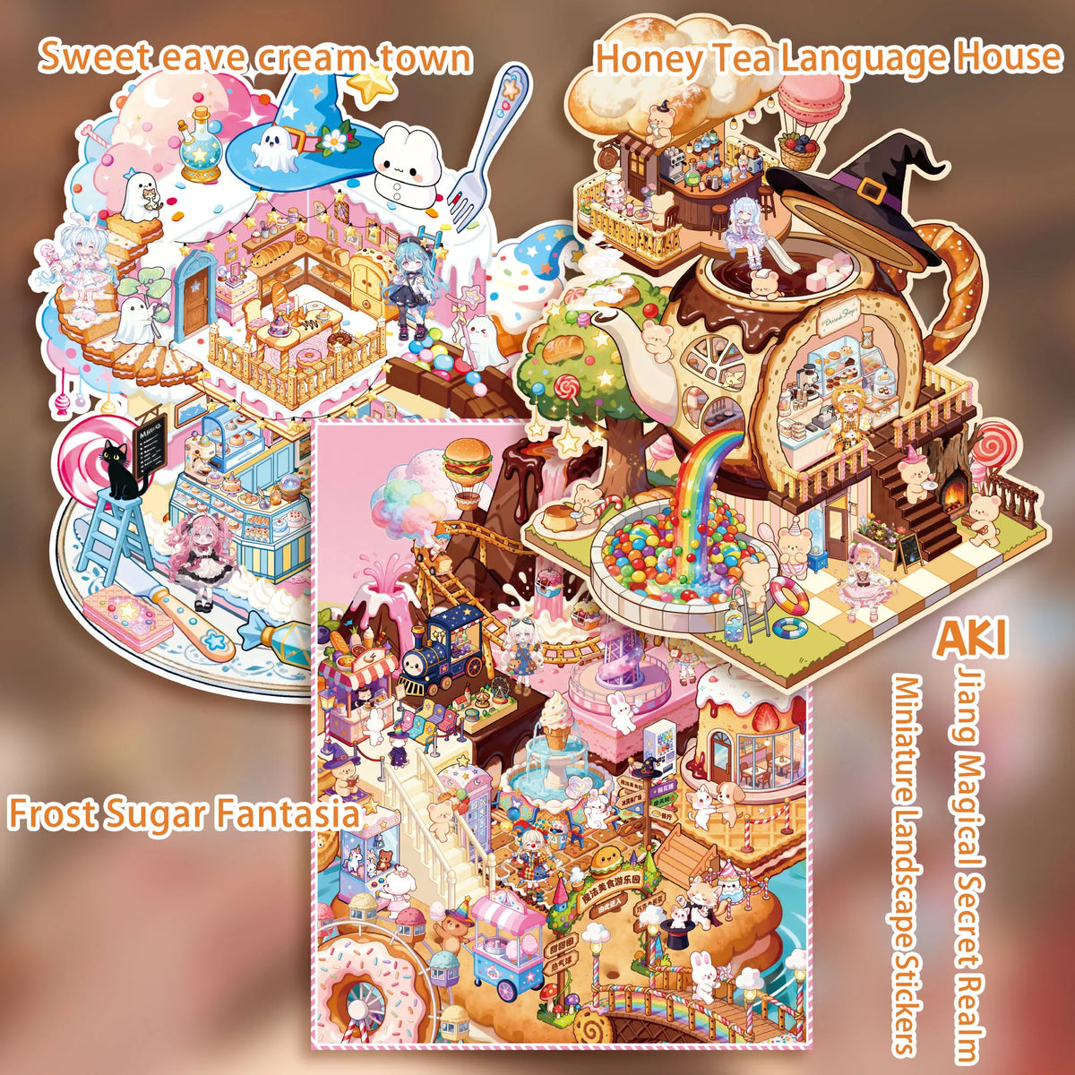 A collection of sweet and fantasy themed 3D stereoscopic scenery stickers featuring houses, sweets, and magical elements.