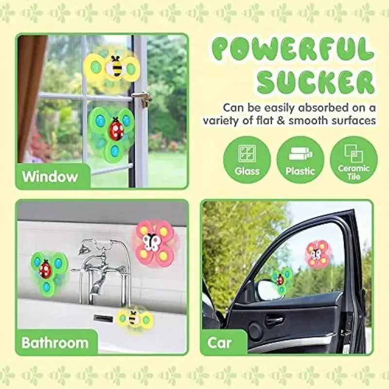 Suction Cup Spinning Top Toy with Cute Bug and Flower Design