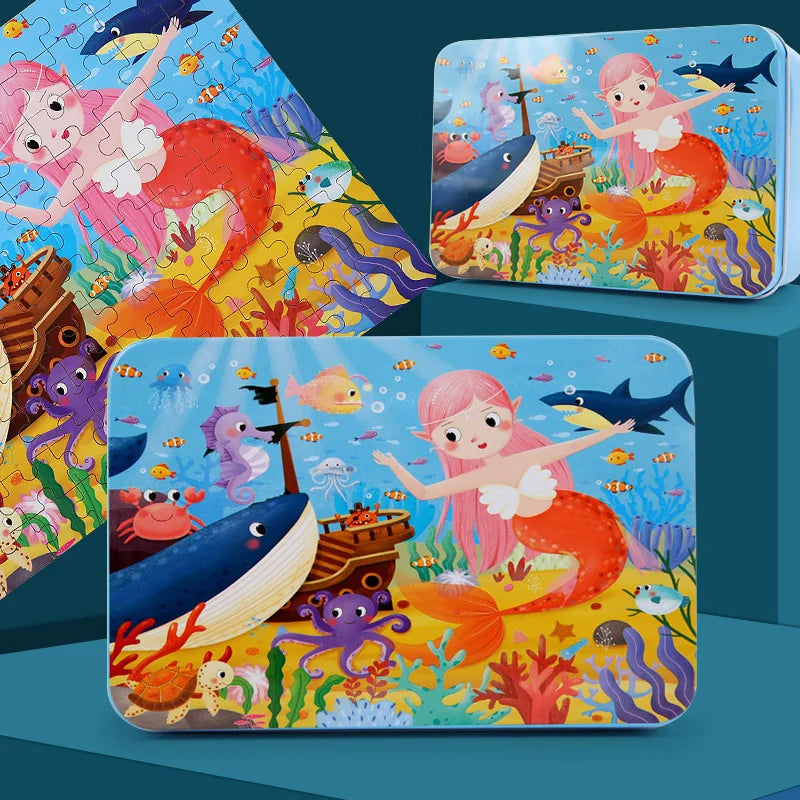 A set of colorful wooden animal and vehicle jigsaw puzzles for children, featuring sea creatures and marine life.