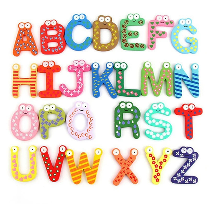 A set of wooden magnetic alphabet letters in various colors and designs for children's learning