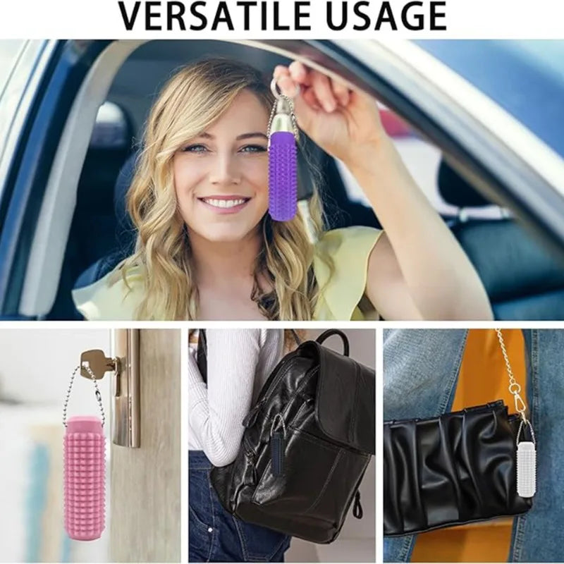A woman holds a purple spiky sensory keychain product in the context of versatile usage.