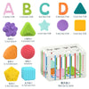A set of colorful Montessori shape sorting cubes and elastic bands for educational play.