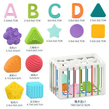 A set of colorful Montessori shape sorting cubes and elastic bands for educational play.