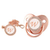 Rose gold bling baby pacifier clip featuring a silicone holder and a decorative letter W