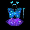 A blue LED butterfly costume set for girls featuring glowing wings, a skirt, and a wand.