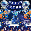 Outer space astronaut party décor set featuring balloons, tableware, and a cake with a happy birthday theme.