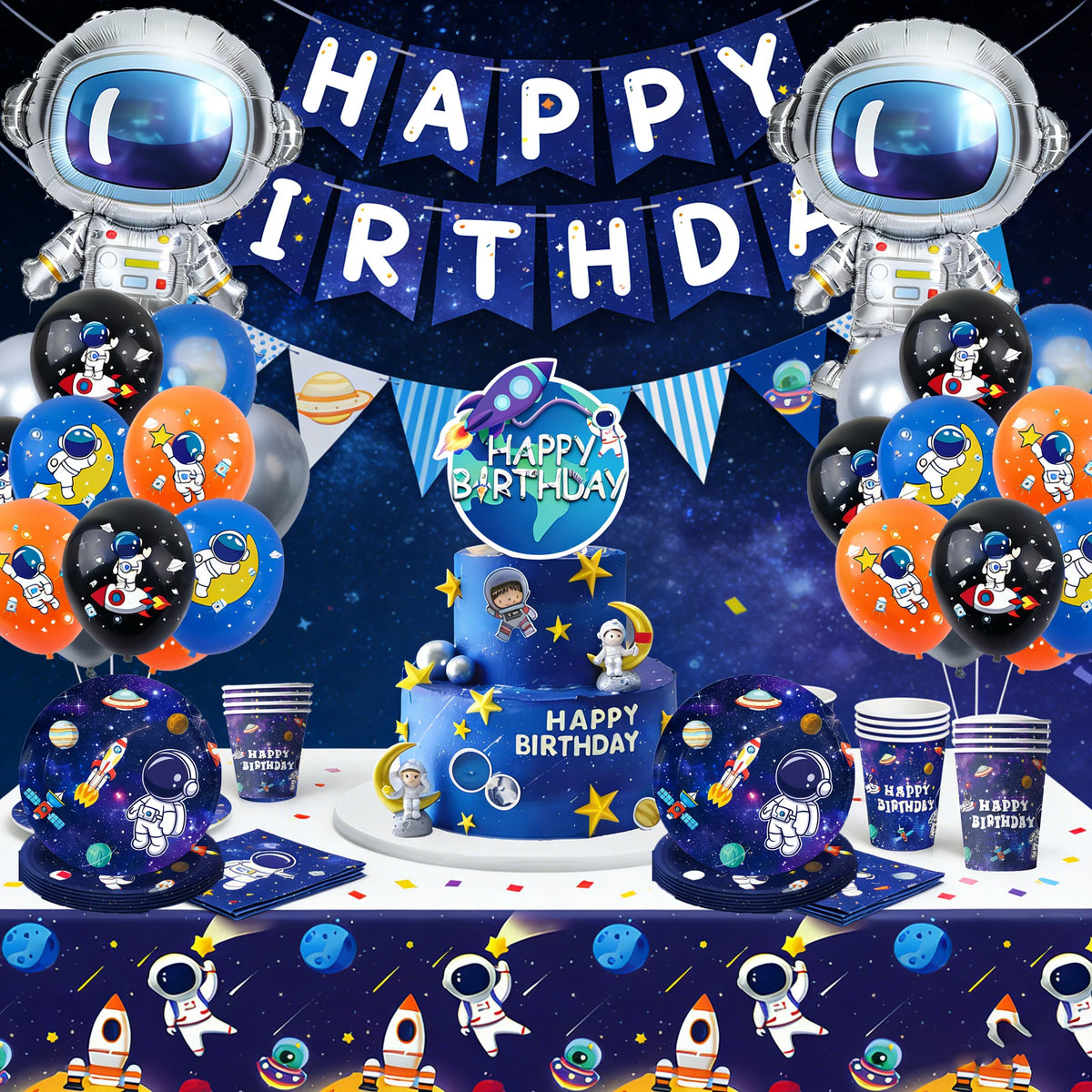 Outer space astronaut party décor set featuring balloons, tableware, and a cake with a happy birthday theme.