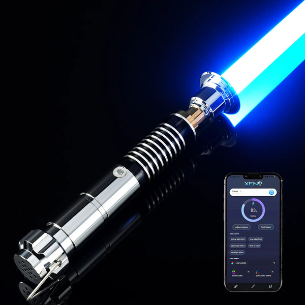 A close-up of an FX lightsaber effect prop with a blue blade and metallic hilt against a black background.