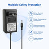 An AC/DC adapter for a battery charger with multiple safety protections shown next to a power cable.