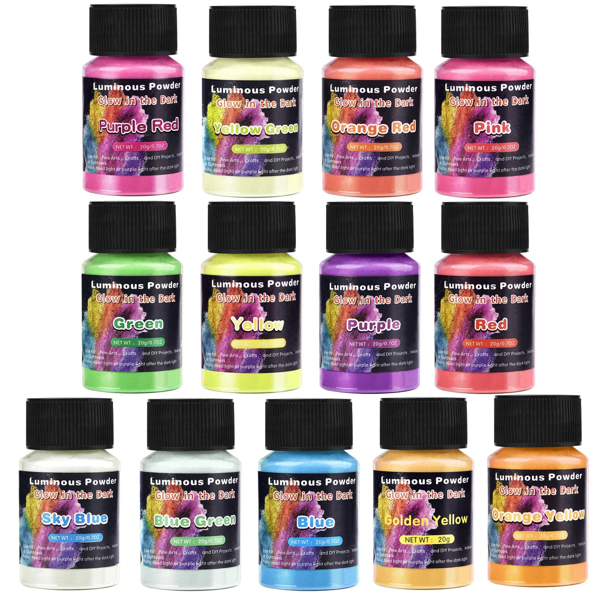 A collection of Luminous Glow-in-the-Dark pigment powders in various colors including Purple Red, Yellow Green, Orange Red, P
