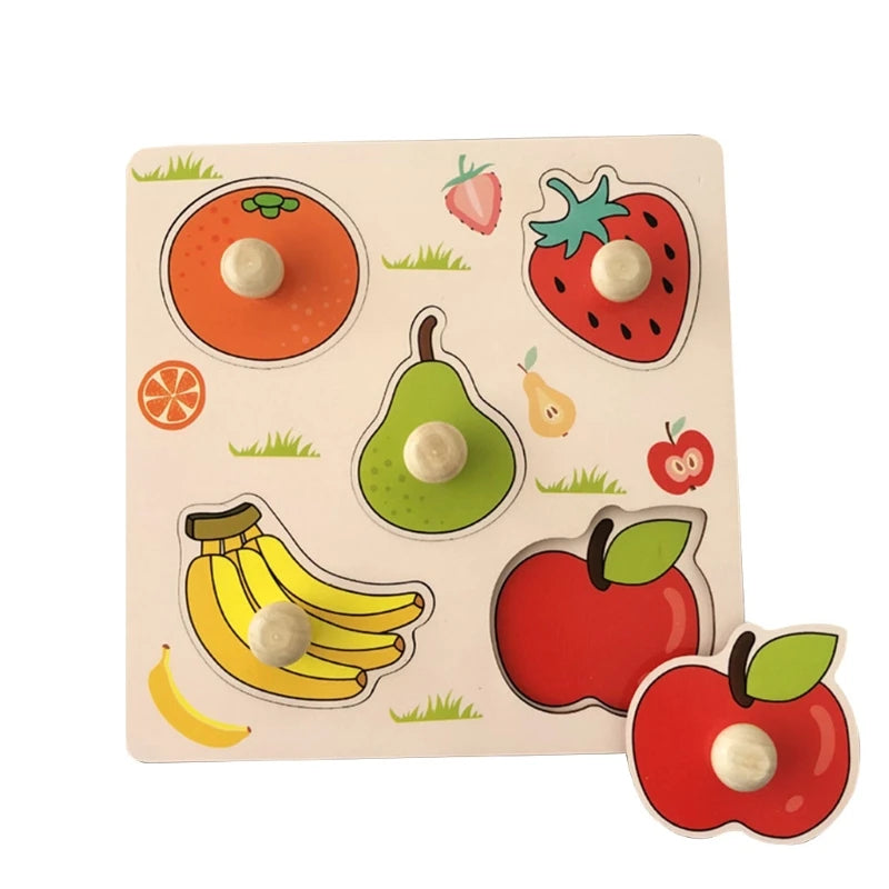 A wooden geometry puzzle set featuring various fruits like strawberries, apples, and pears on a light background.
