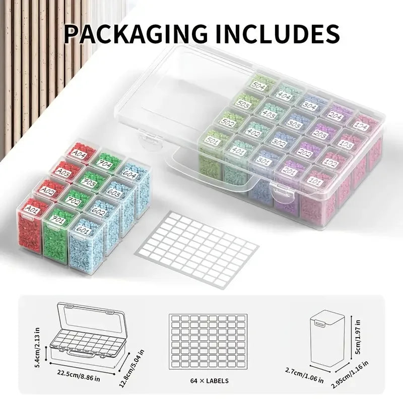 A clear plastic storage box filled with numerous small beads and a grid of labels for diamond painting supplies.