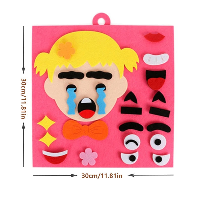A pink felt puzzle game depicting a yellow face with exaggerated facial expressions and features for children.