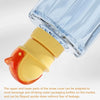 A clear plastic straw cover with a yellow and orange adapter is shown, designed to convert various beverage bottles.