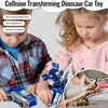 A boy and a girl interact with a blue transforming dinosaur car toy, demonstrating cool transformation and exercise thinking.
