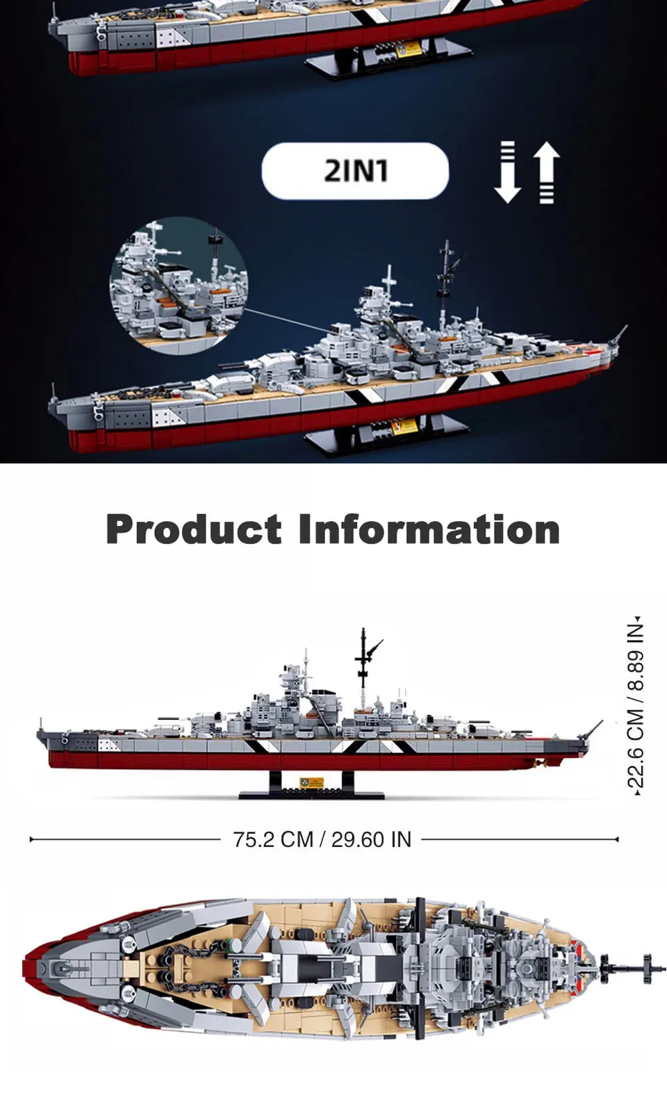 A 2-in-1 model kit of the Bismarck Battleship shown in assembled and disassembled forms.