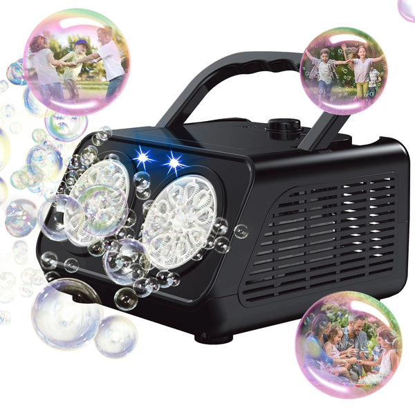 Schwarzer automatischer Bubble-Maker mit Doppelventilatoren und LED-Leuchten, umgeben von schwebenden Blasen