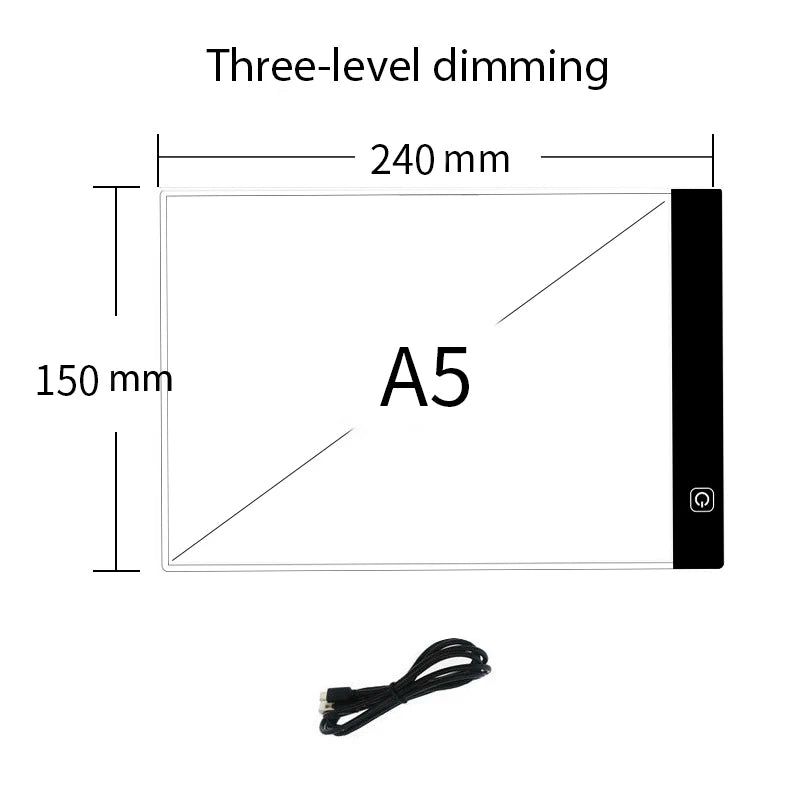 A rectangular LED drawing copy pad with a black light strip and a power cord.