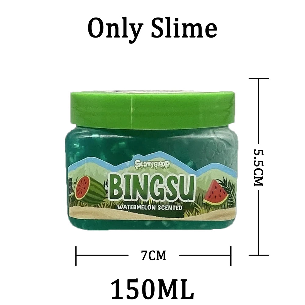 A jar of green slime labeled BINGSU Watermelon Scented with a lime green lid.