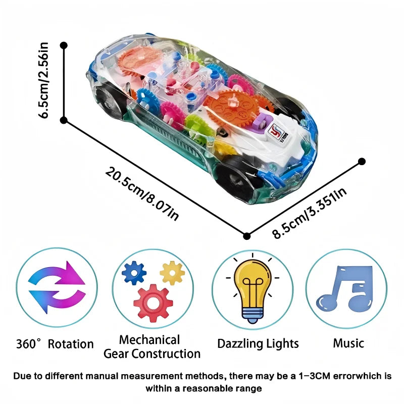 Transparent gear car with lights and music featuring a 360 degree rotation mechanism