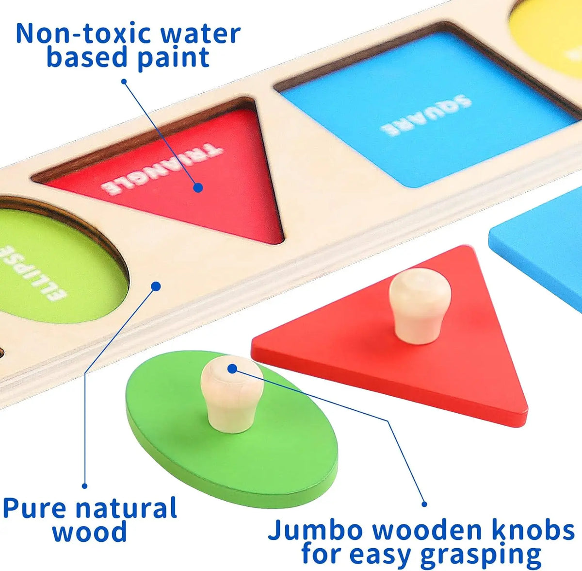 Wooden shape and color sorting puzzle featuring non-toxic paint shapes like square, triangle, and ellipse.